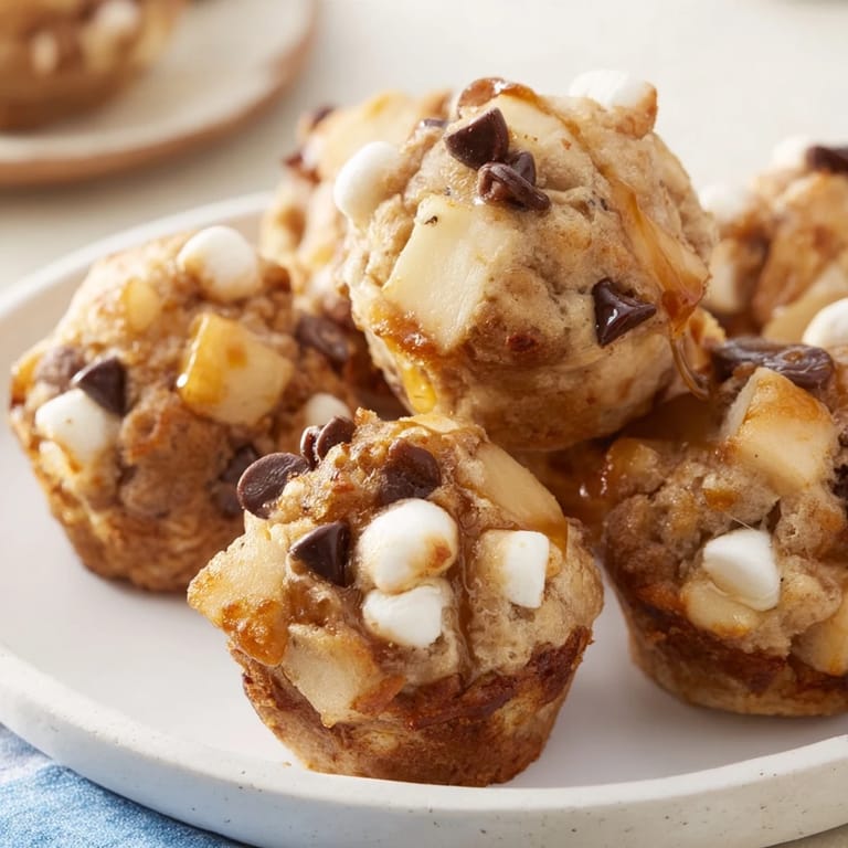 Golden-brown smores caramel apple cinnamon pancake muffin balls bursting with gooey chocolate and soft caramel.