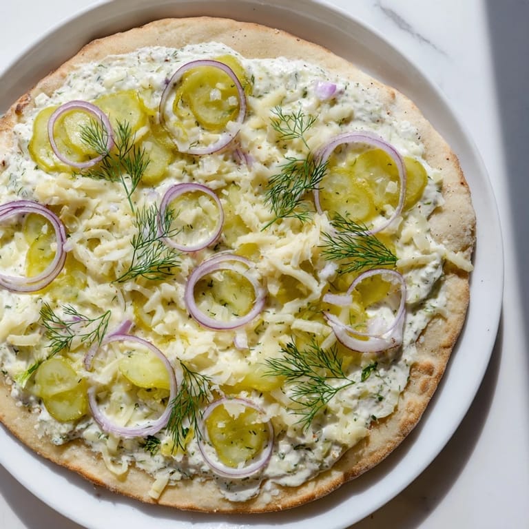 Irresistible pickle pizza with golden crust and fresh dill garnish for flavor.  