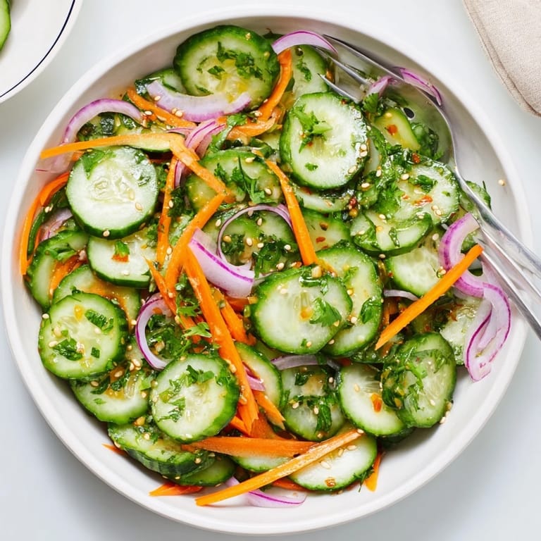 Delicious cucumber salad remix drizzled with tangy Asian-inspired dressing for a refreshing bite.