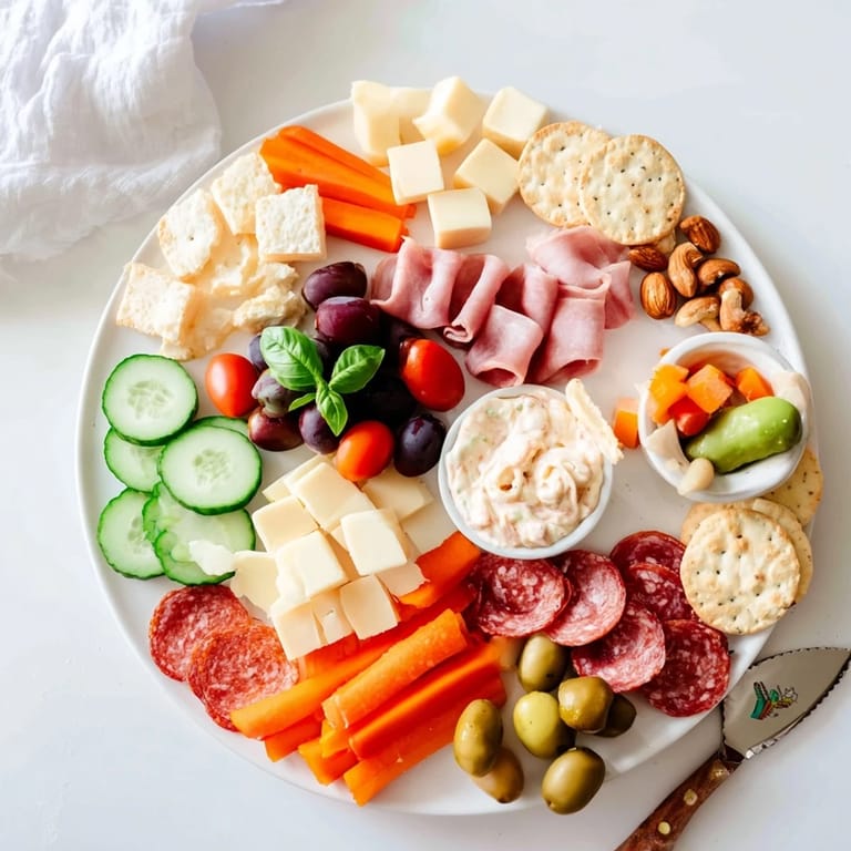 Delicious girl dinner platter featuring an assortment of cheeses, fruits, and crunchy snacks.