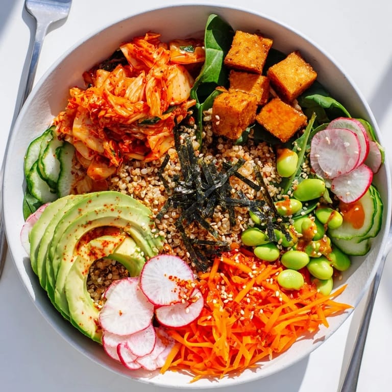 Healthy fermented vegetable bowl showcasing tangy kimchi and crisp, fresh produce.