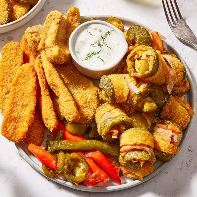A delightful Pickle Lovers Meal featuring tangy fried pickles and savory wrapped bites.  