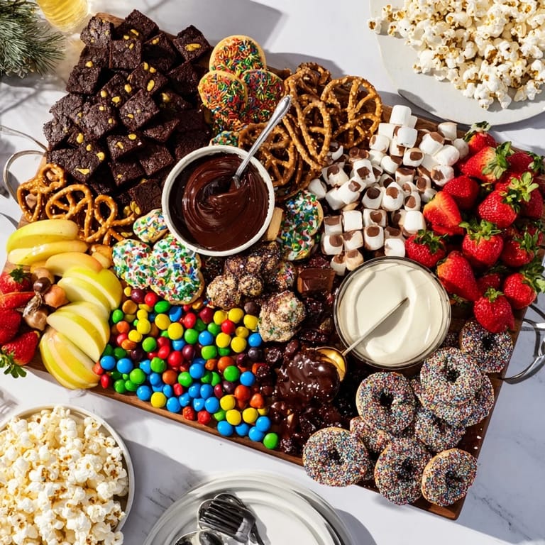 Colorful arrangement of cookies and chocolates on a stunning dessert board for celebrations.  