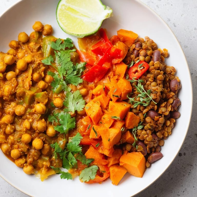 Rich and creamy Caribbean sweet potato curry topped with fresh parsley garnish.