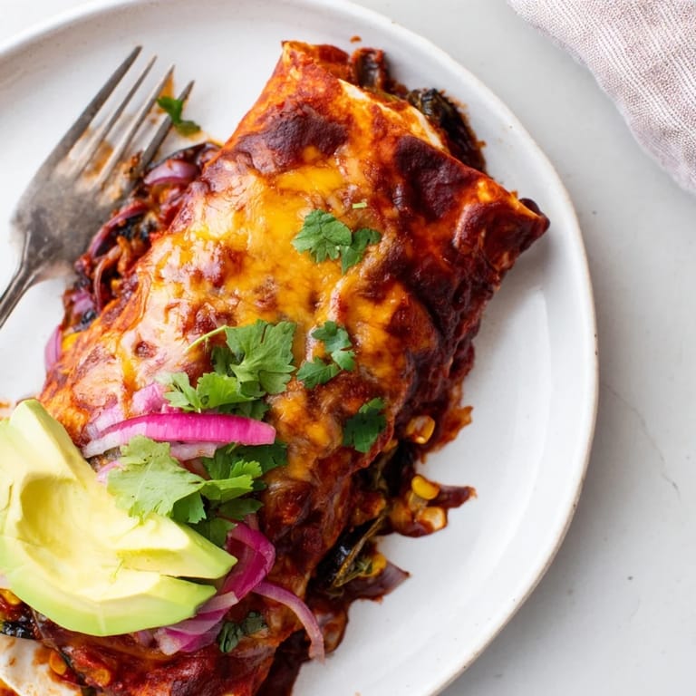 Flavorful Farmers Market Vegetarian Enchiladas baked in tangy sauce, bursting with seasonal vegetables.