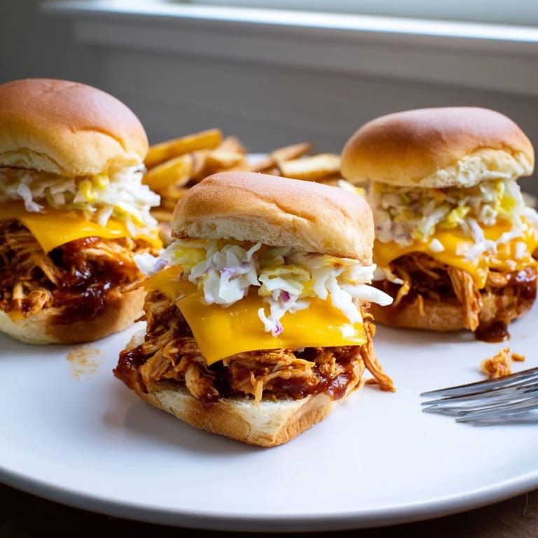 Delicious BBQ chicken sliders drizzled with sauce, paired with golden, crunchy fries.