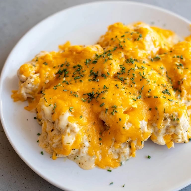 Golden-brown Cheddar Ranch Chicken Bake, creamy and savory, served with fresh chives.  