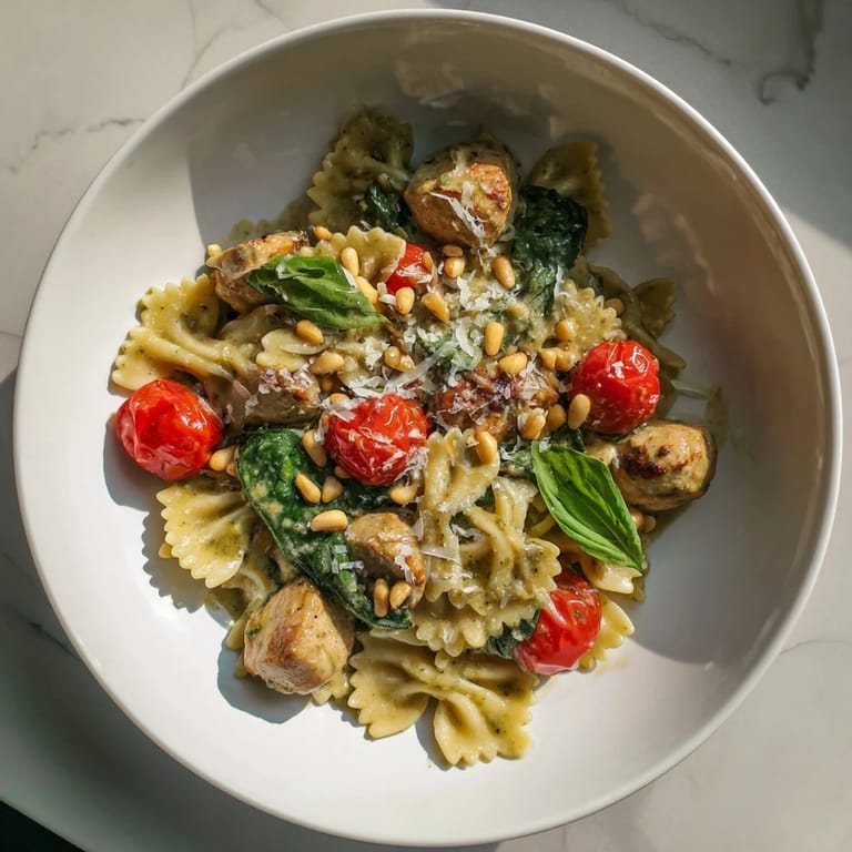 A close-up shot of delicious pesto chicken bowtie pasta, ready for a flavorful Italian dinner.