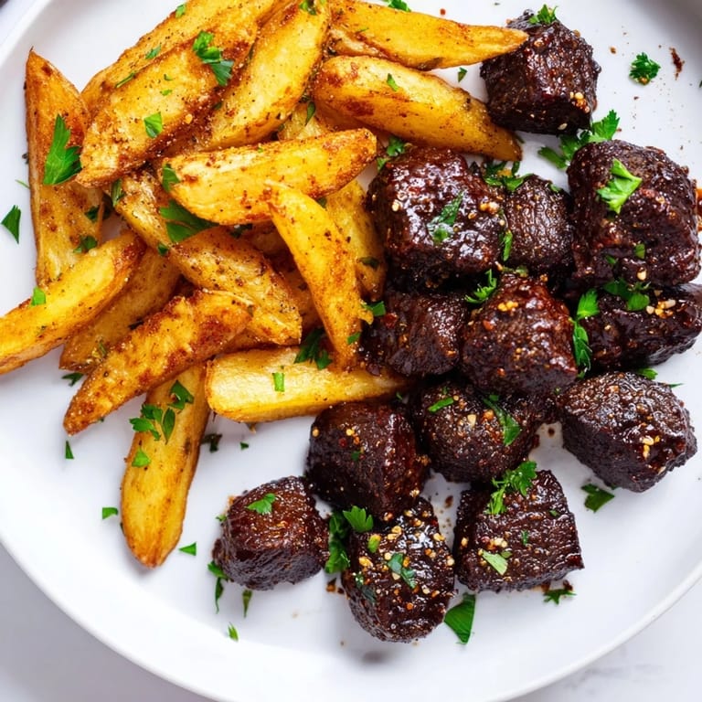 Perfectly seared Blackened Cajun Steak Bites alongside a bed of crispy, seasoned fries, a delicious dinner.