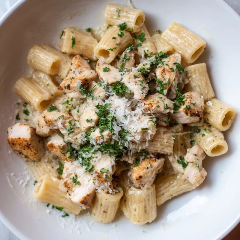 Golden chicken pieces mixed in the rich sauce of the delicious Creamy Garlic Parmesan Chicken Rigatoni.