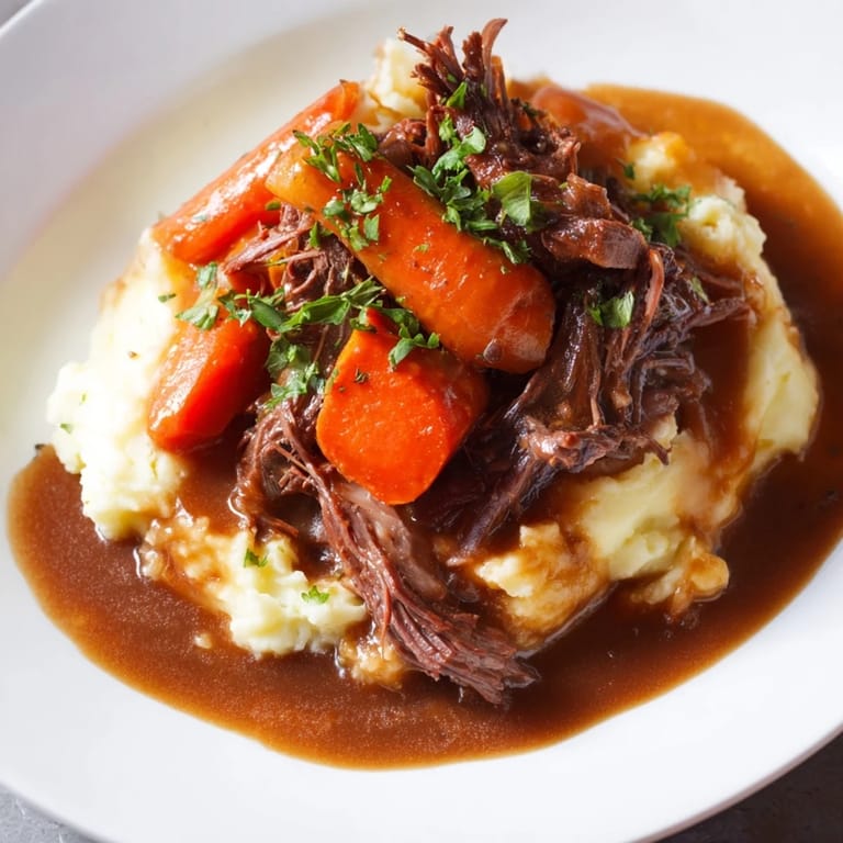 A close-up of a steaming, savory slow cooker pot roast with creamy mashed potatoes.