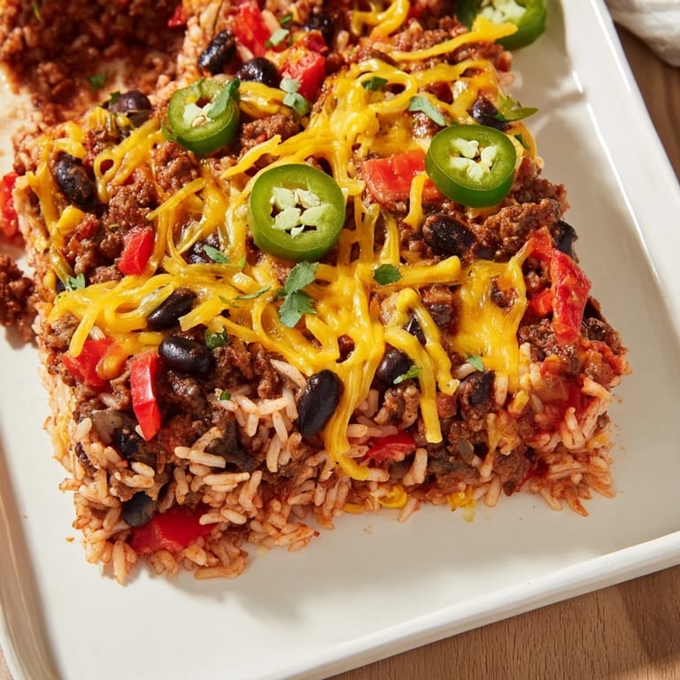 Close-up of a rustic Tex-Mex Beef & Rice Casserole, with savory aroma and flavorful layers.