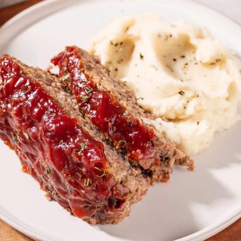 A hearty plate of classic meatloaf and mashed potatoes, the meatloaf glazed and potatoes piled high, ready to eat.