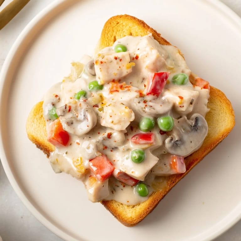 A generous serving of Chicken à la King, glistening over lightly toasted bread, ready to eat.