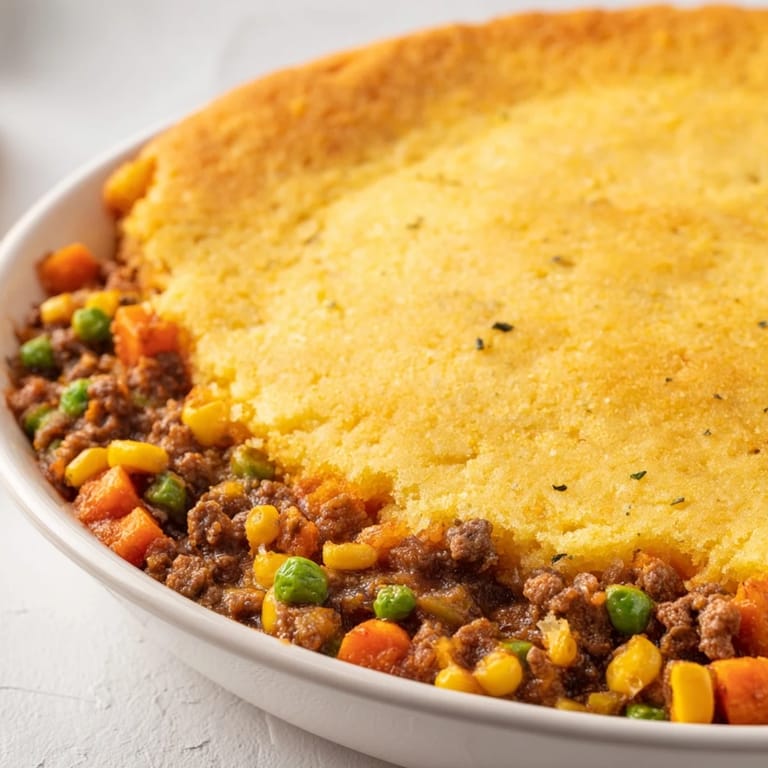 A warm, comforting image of Cornbread Crusted Beef Pie, showcasing a hearty family meal.