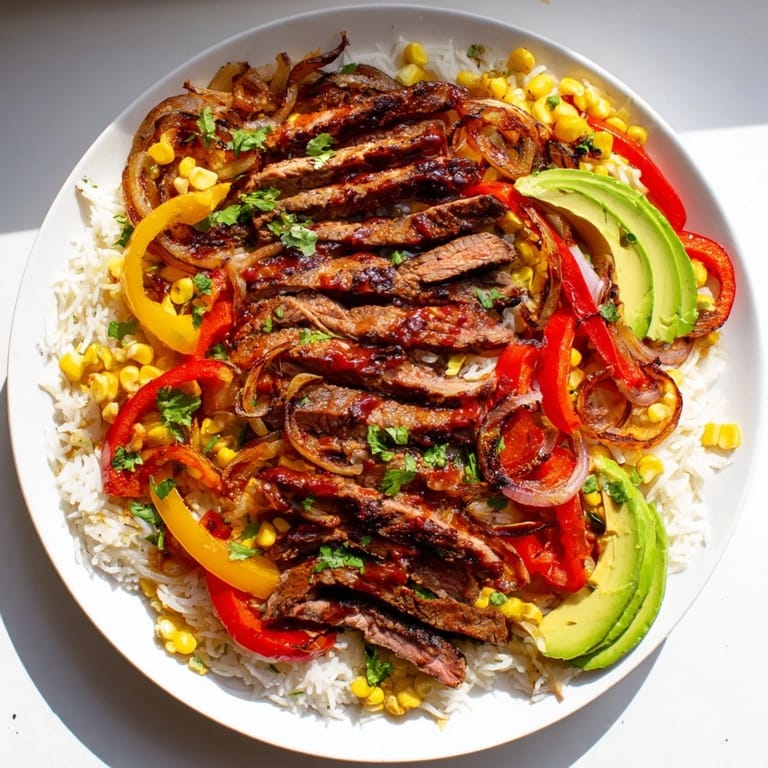 A delicious display of a BBQ Steak Fajita Bowl, featuring savory steak, rice, and fresh vegetables for a flavorful meal.