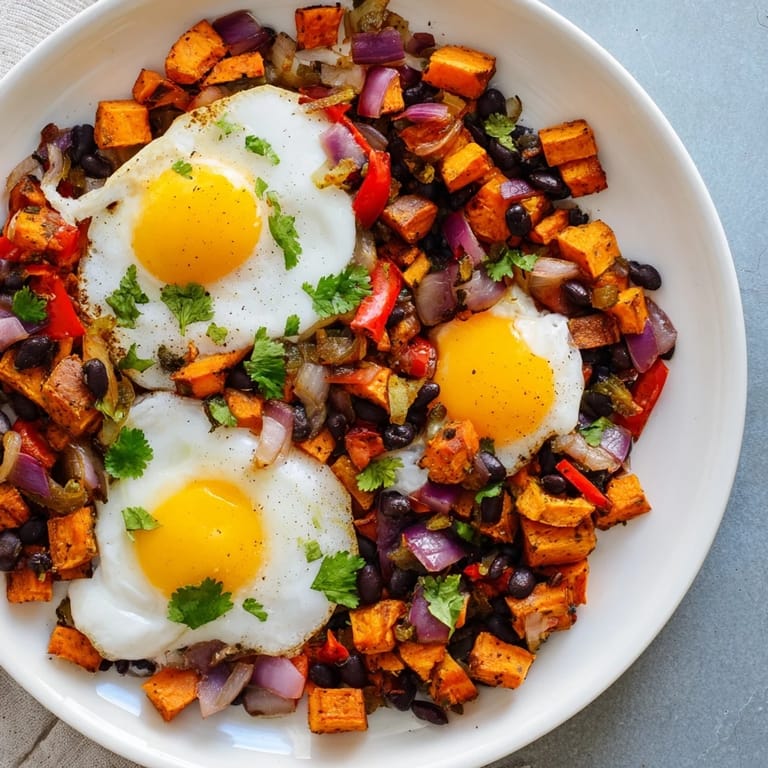 Imagine the aroma: a delightful, savory Sweet Potato & Black Bean Breakfast Hash, ready to eat with a fork.