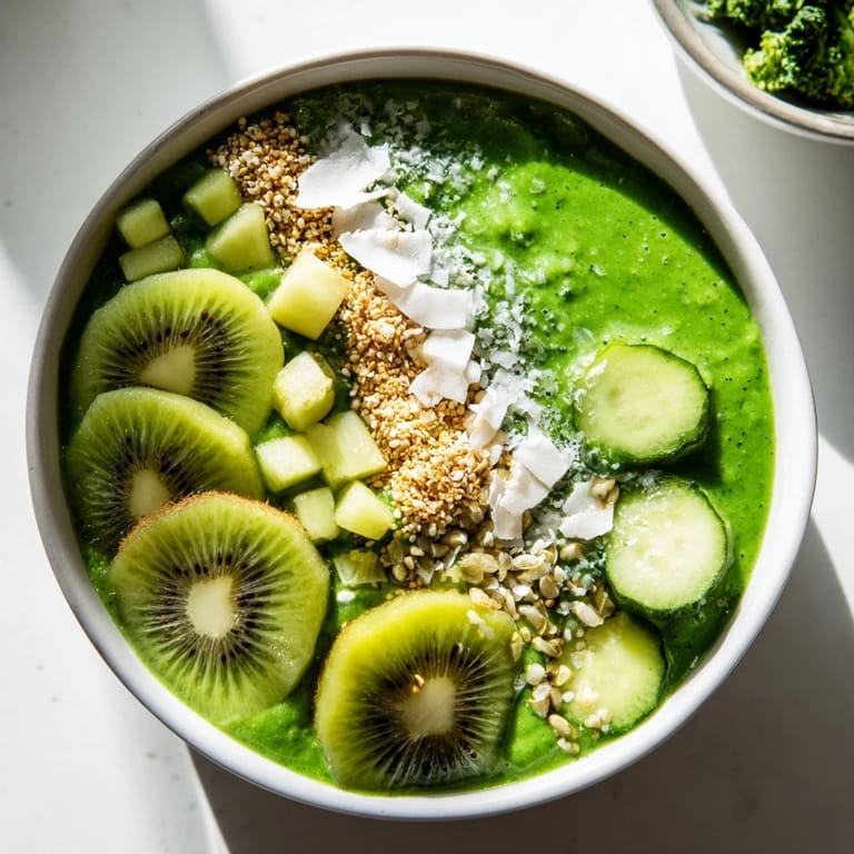 A delicious Green Smoothie Bowl featuring avocado and fresh kiwi slices, ready for a nutritious snack.
