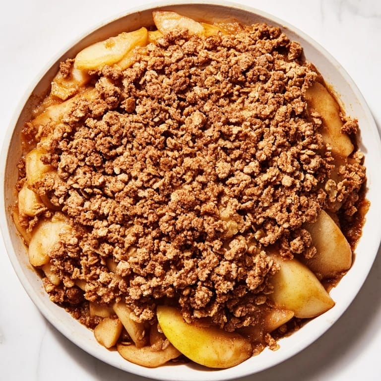 A close-up of freshly baked Apple Crisp, showcasing a perfectly crispy oat topping and juicy apples.