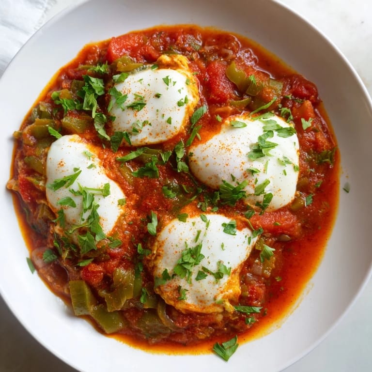 Fragrant Shakshuka, a vibrant Middle Eastern breakfast, brimming with spicy tomatoes and soft, runny egg yolks.