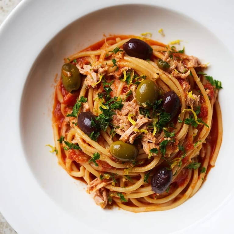 This pasta with Tuna, Olives & Capers features a vibrant tomato sauce, perfect for a weeknight dinner.