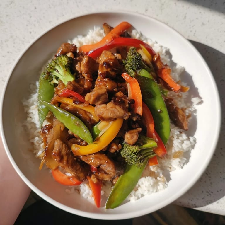 A bowl of delicious Chicken Stir-Fry with Vegetables and Rice, ready to serve with fluffy jasmine rice.