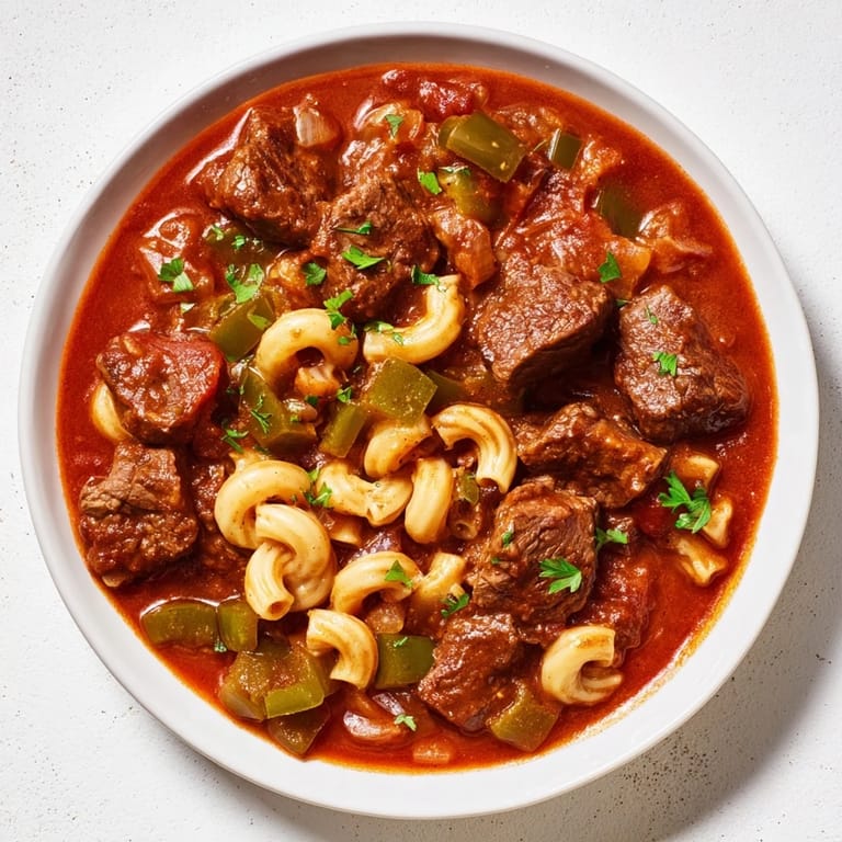 Warm, comforting goulash recipe, a family favorite, packed with savory beef, pasta, and vegetables.