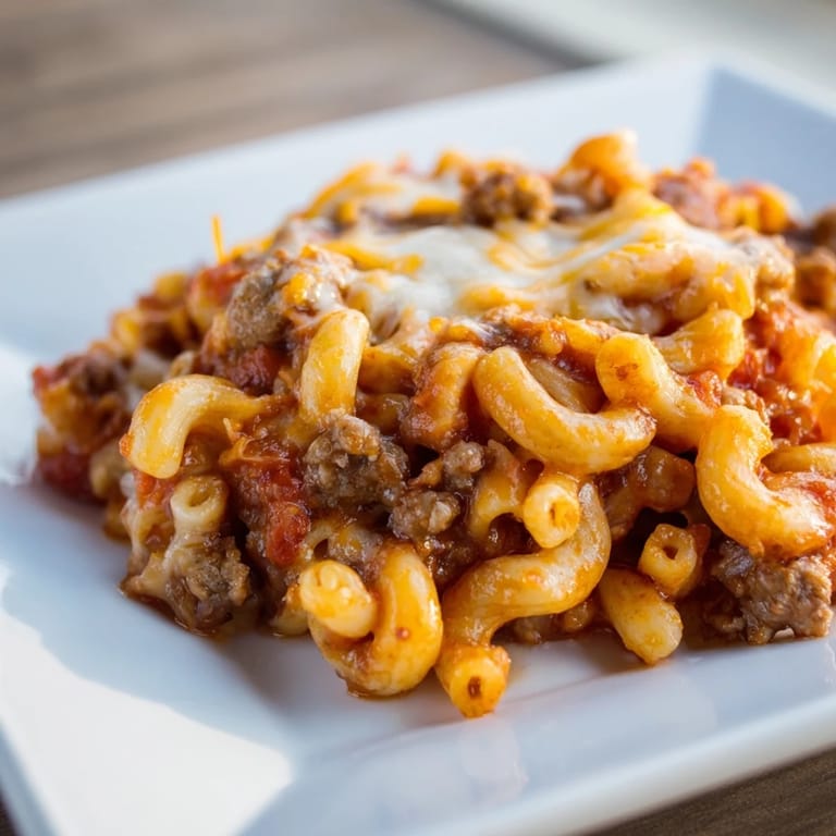 Close-up of a steaming bowl of hamburger casserole, showcasing the savory ground beef and pasta.