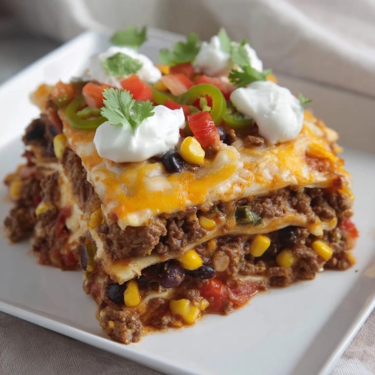 A close-up shot of bubbling Taco Lasagna, a delicious Tex-Mex fusion baked family favorite.