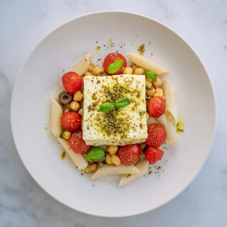 Creamy, melted feta cheese with roasted tomatoes and chickpeas, deliciously paired with pasta.