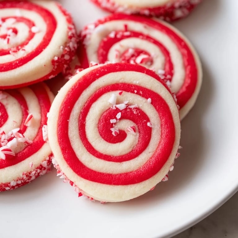 Close-up of freshly baked Candy Cane Pinwheel Cookies, with beautiful red and white spirals and holiday cheer.