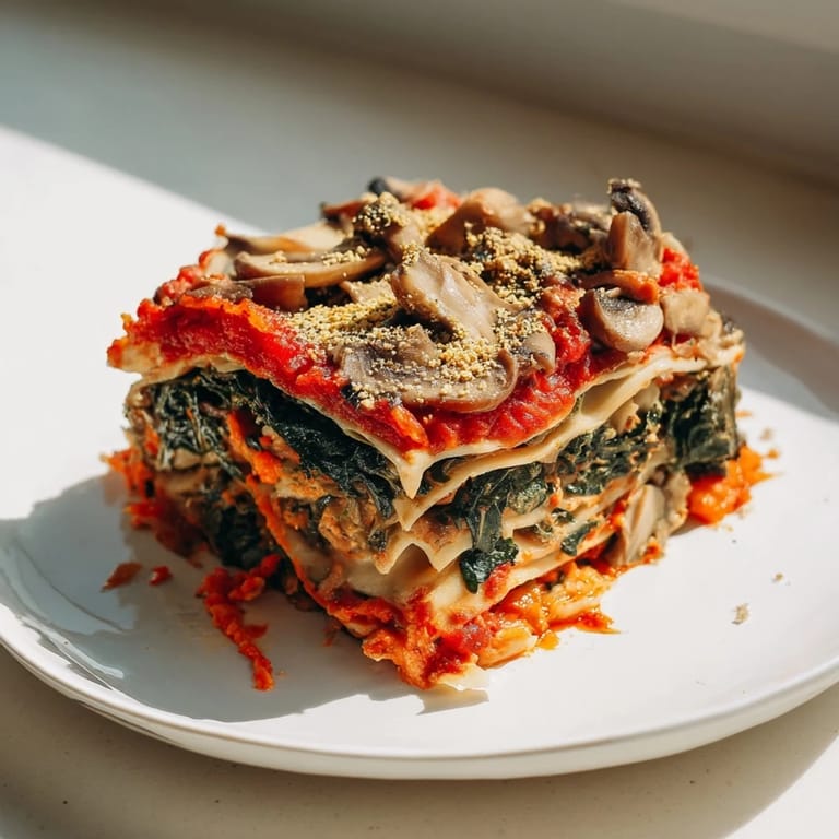 A close-up shot of delicious, plant-based Vegan Mushroom Spinach Lasagna, bubbling from the oven.