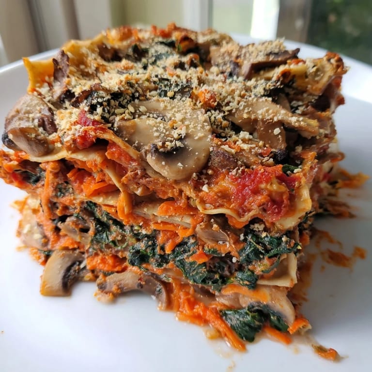 Homemade Vegan Mushroom Spinach Lasagna, a comforting Italian dinner with fresh basil garnish.