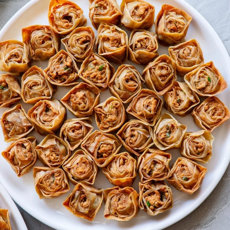 Savory Buffalo Chicken Dip Pinwheel Wontons: imagine a creamy, spicy chicken filling baked inside crunchy wonton wrappers, delicious!