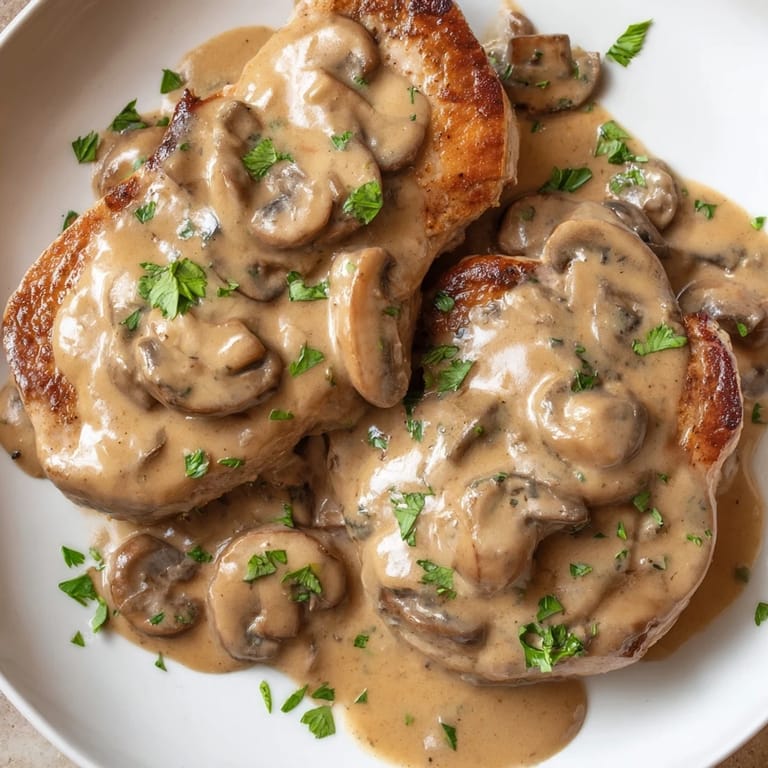 A close-up of delicious Stove Top Pork Chops, showcasing tender meat and a creamy mushroom sauce.