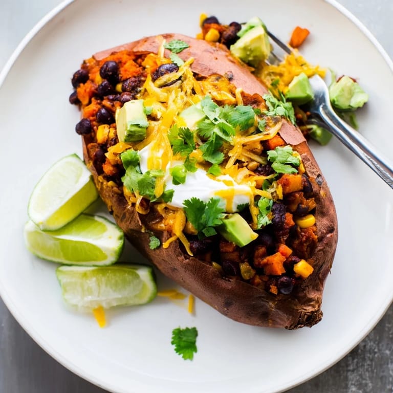 A close-up view of a Loaded Baked Sweet Potato, bursting with colorful toppings and drizzled with creamy goodness.