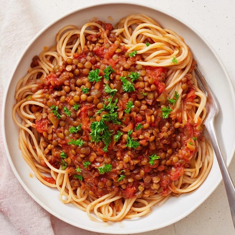This photo shows a close-up of delicious Hearty Lentil Bolognese, ready to be enjoyed as dinner.