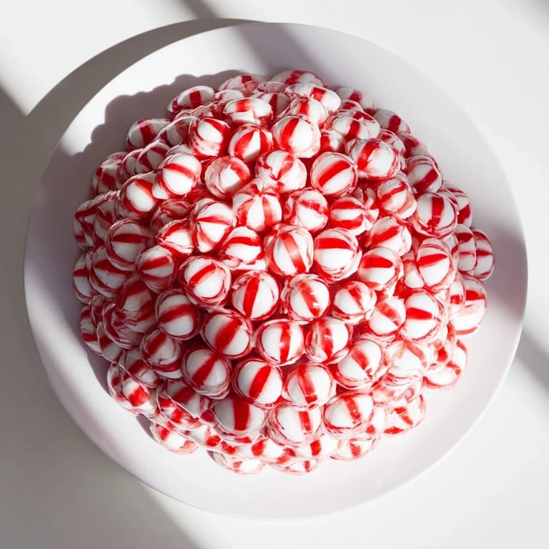 A clear, colorful photo displays the final, edible no-bake peppermint candy bowl filled with treats.