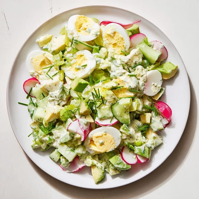 A refreshing bowl of Green Goddess Chopped Egg Salad with herbs and avocado, perfect as a light lunch.