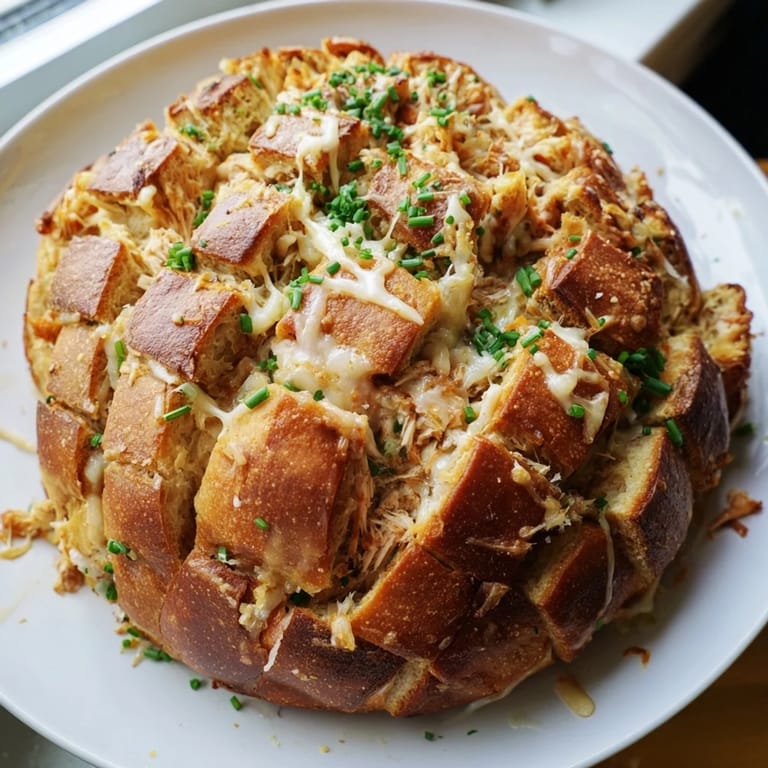 A close-up of a delightful Cheesy Leftover Chicken Bake; the pull-apart bread shows melty cheese and tender chicken.