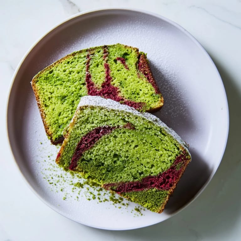 Freshly baked, this matcha marble pound cake boasts beautiful swirls of green tea and berry, perfect for dessert.