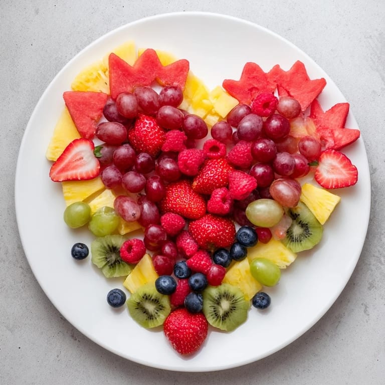 A colorful Sweetheart Fruit Board featuring juicy strawberries, grapes, and pineapple arranged for a beautiful dessert.