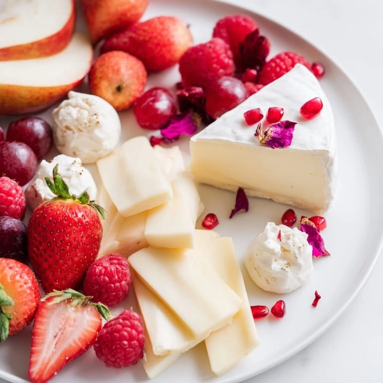 Delicate cheeses and fruits artfully combined in this Rose Garden Romantic Platter for a special occasion.