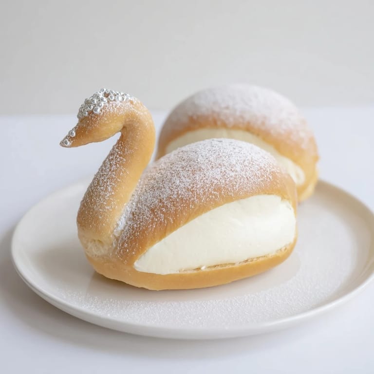 Elegant swan-shaped pastries from the Feathered Friend recipe, dusted with powdered sugar, ready to eat.