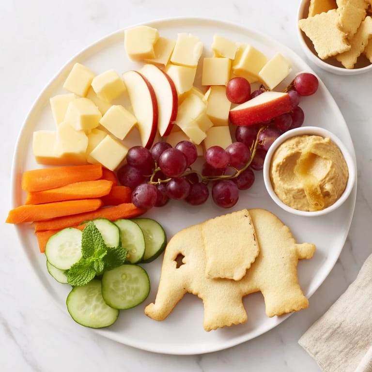 This eye-catching Gentle Giant Elephant Cracker Board features colorful fruits, savory cheeses, and fun elephant crackers.