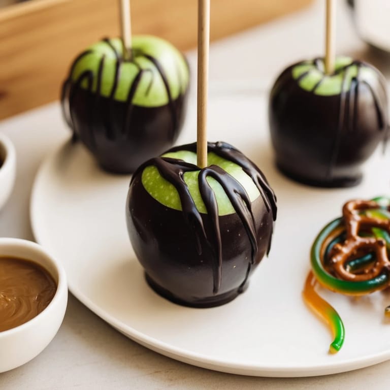 A close-up of vibrant poison apples alongside tempting snacks on an appetizer platter.