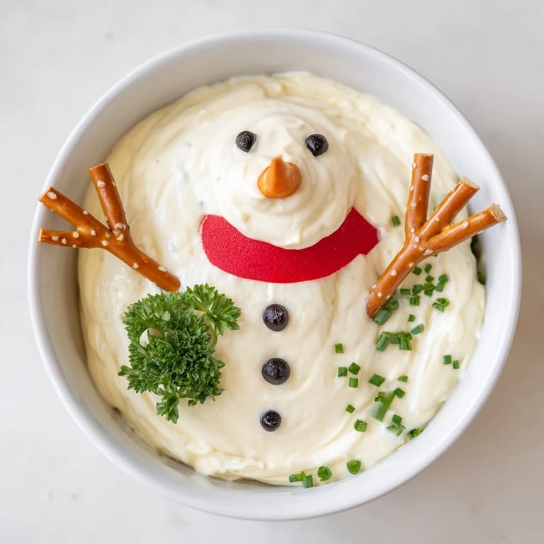 This Melted Snowman Dip, a festive holiday appetizer arrangement with a carrot nose and pretzel arms, looks delicious.