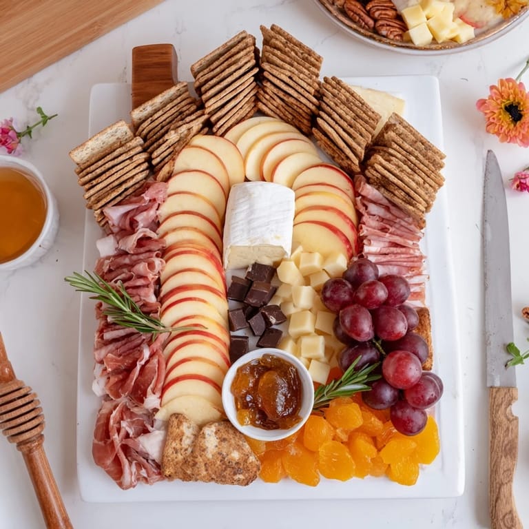 This Sweet Home Charcuterie Board features an inviting spread with honey, chocolate, and candied pecans to enjoy.