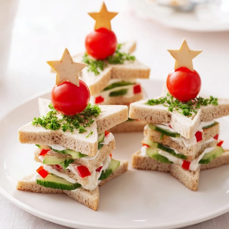Creamy Stacked Star Christmas Tree Sandwiches, topped with a cherry tomato star, ready to serve and enjoy.