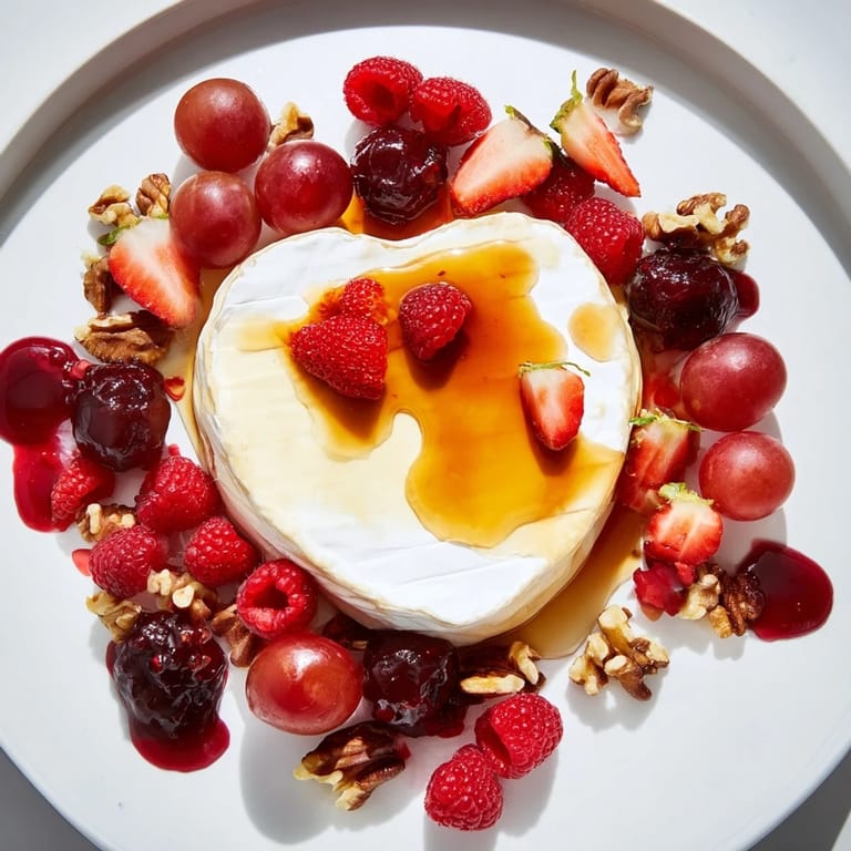 This Sweetheart Brie and Jam Board displays creamy Brie, vibrant fruit, and assorted crackers, perfect for sharing.